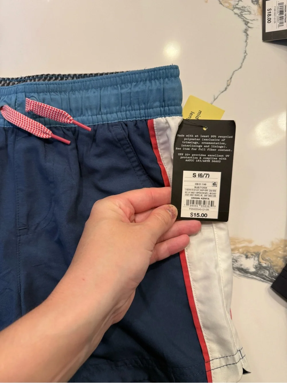 art class Navy Swim Trunks with Light Blue Waistband and Pink Drawcord